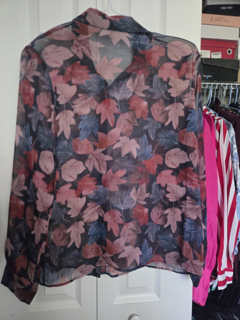 SHEIN Black Sheer Leaf-Print Button-Up Blouse with Pink & Navy Leaves